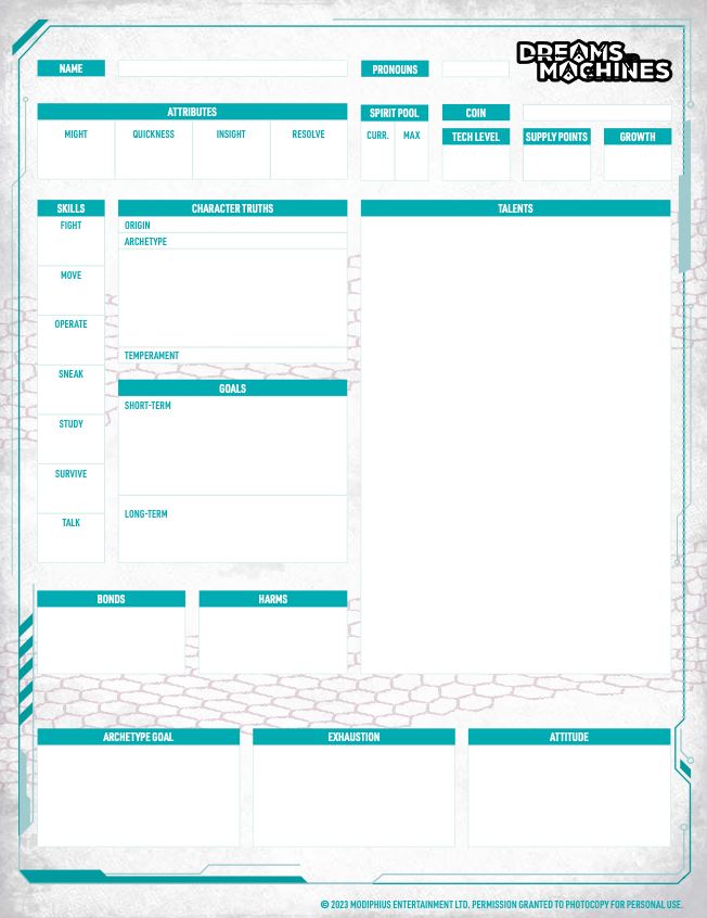 Dreams and Machines: Character Sheet PDF Dreams and Machines Modiphius Entertainment
