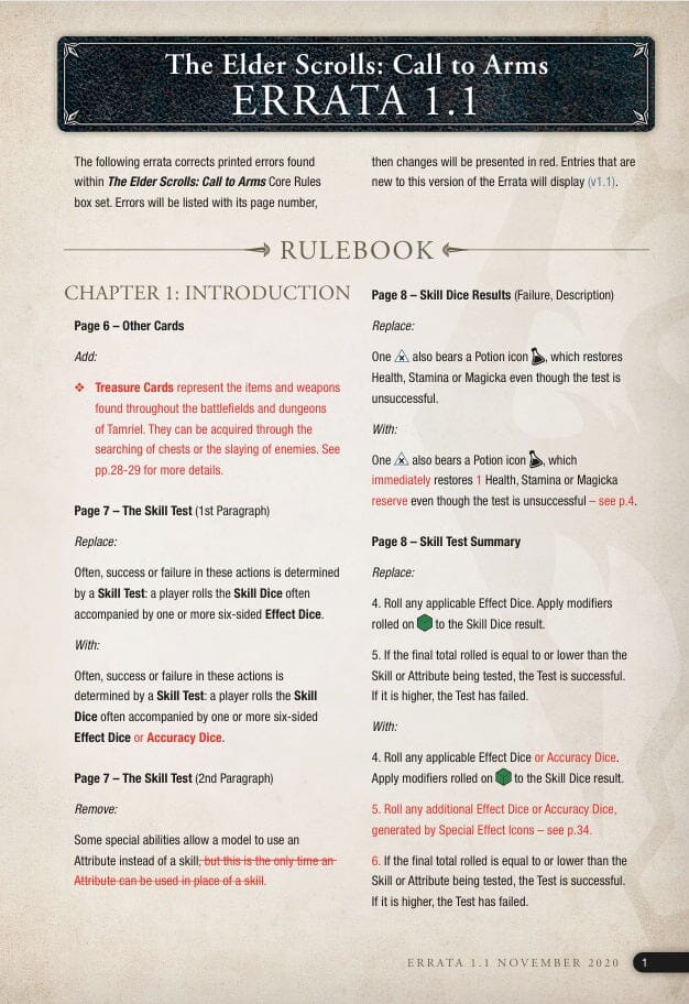 The Elder Scrolls: Call to Arms Core Rulebook Errata & Updated Print & Play Cards - (FREE) The Elder Scrolls: Call to Arms Modiphius Entertainment 